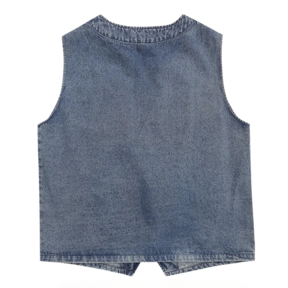 Floral Embroidered Denim Vest - Thrashink