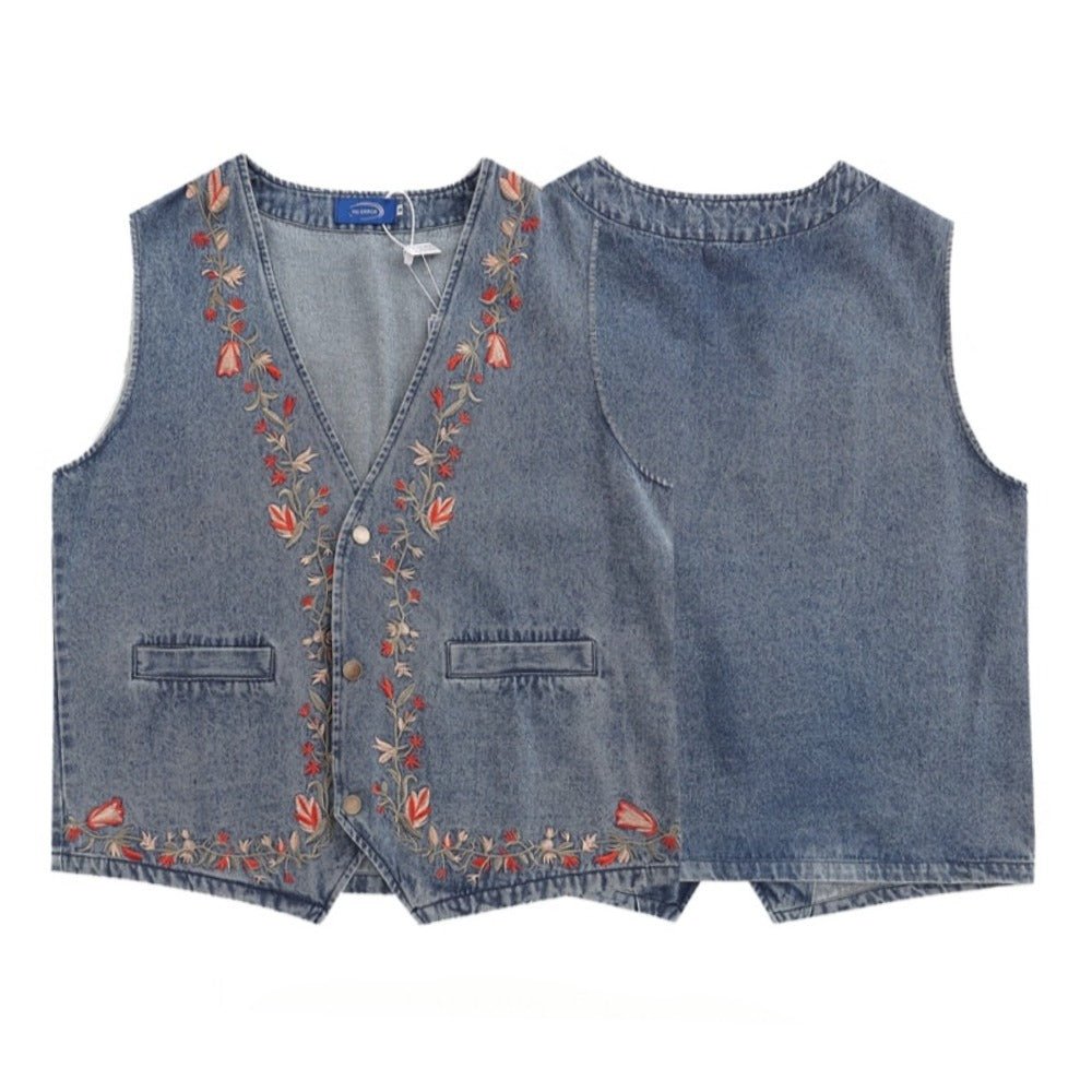 Floral Embroidered Denim Vest - Thrashink