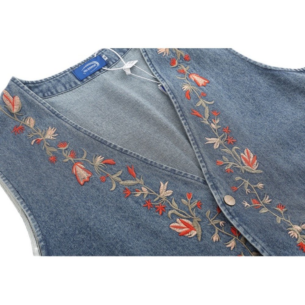 Floral Embroidered Denim Vest - Thrashink