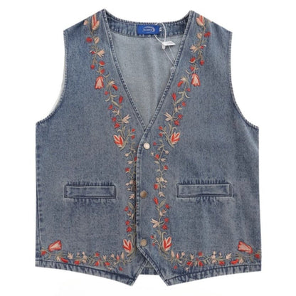 Floral Embroidered Denim Vest - Thrashink