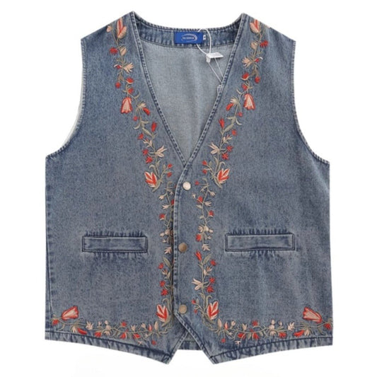 Floral Embroidered Denim Vest - Thrashink