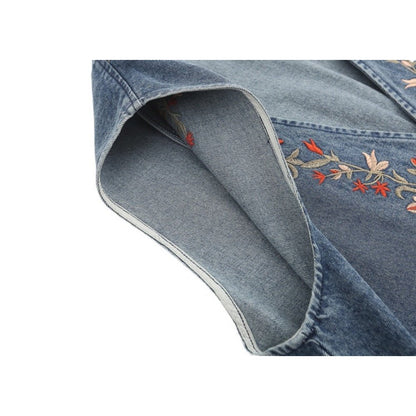 Floral Embroidered Denim Vest - Thrashink