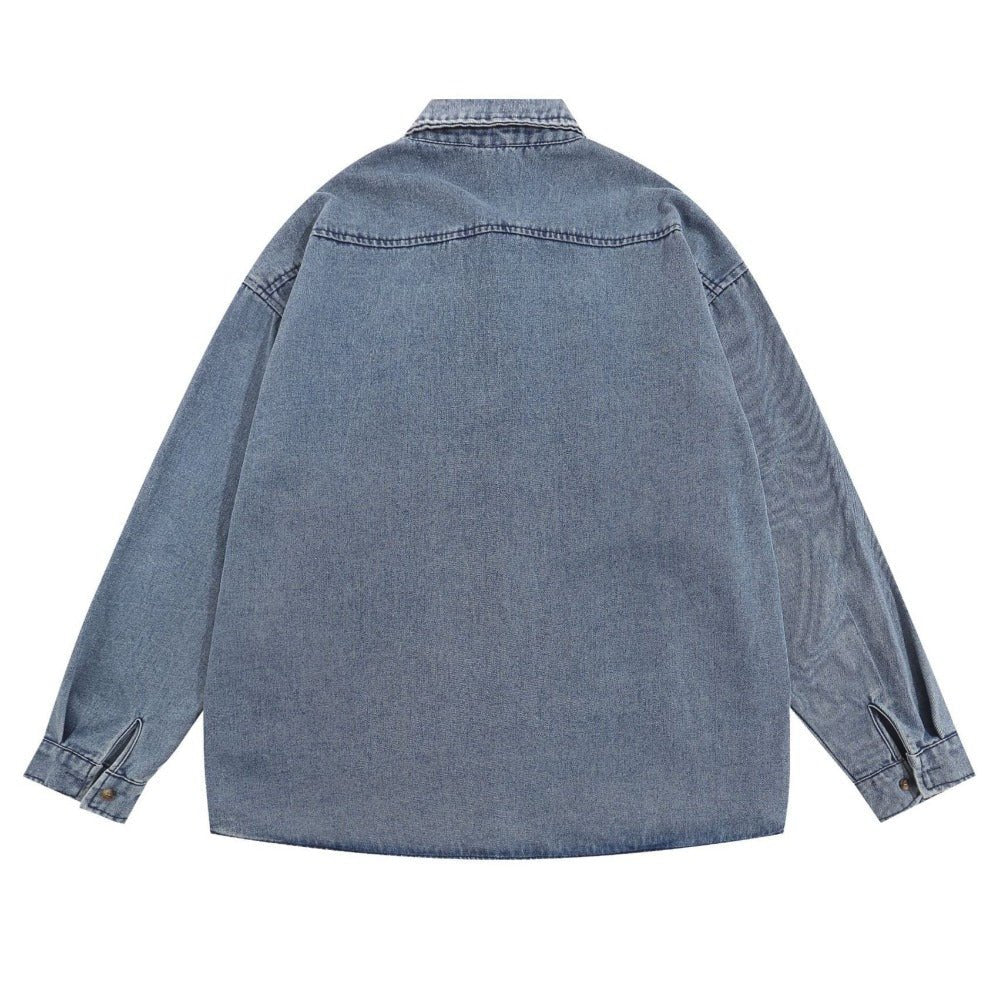 Floral Embroidery Printed Denim Shirt - Thrashink