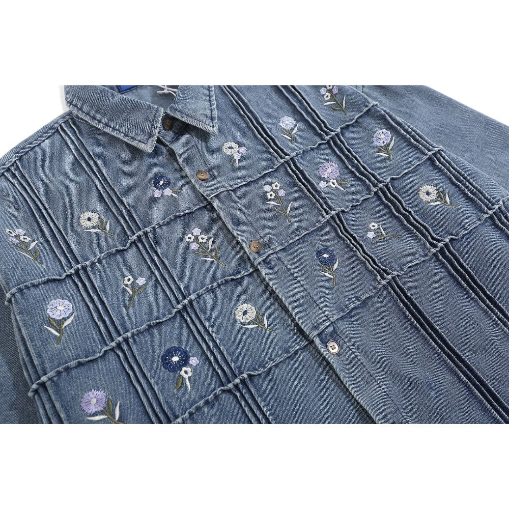 Floral Embroidery Printed Denim Shirt - Thrashink