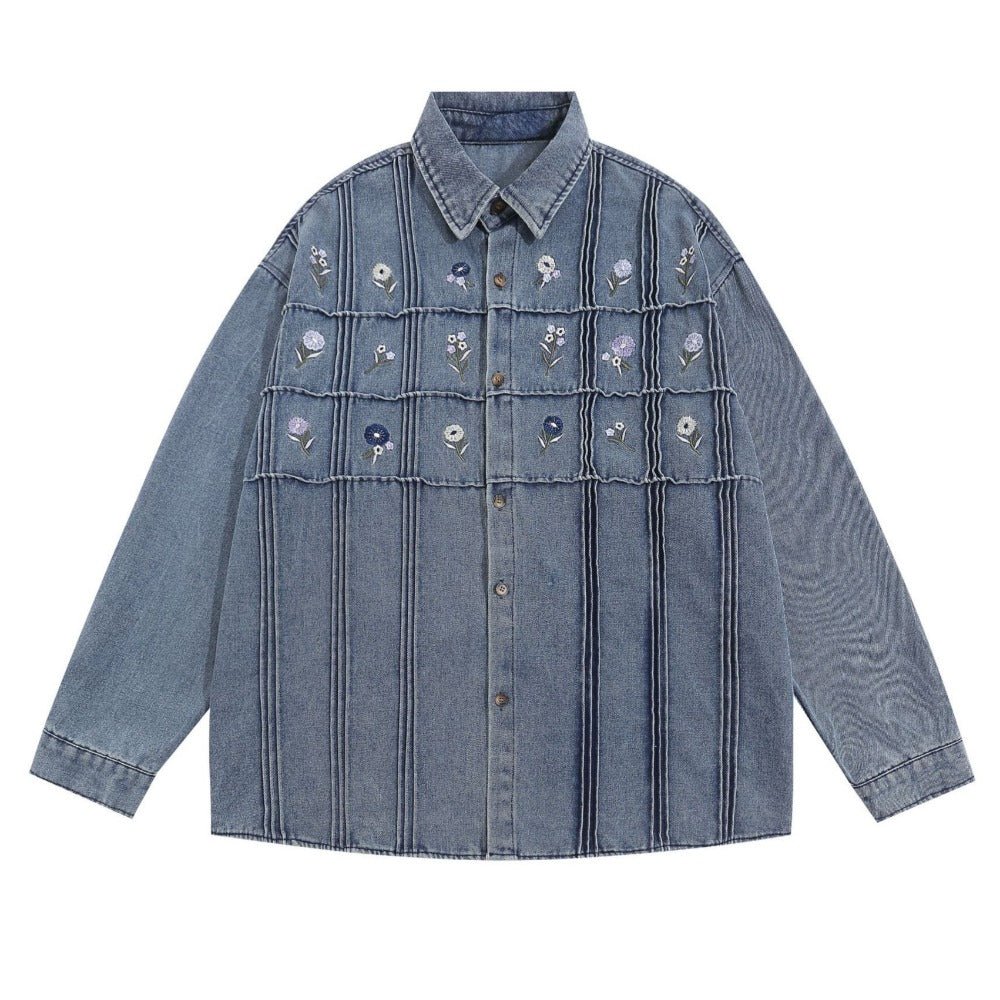 Floral Embroidery Printed Denim Shirt - Thrashink