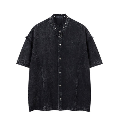 Frayed Rivet Denim Shirt - Thrashink