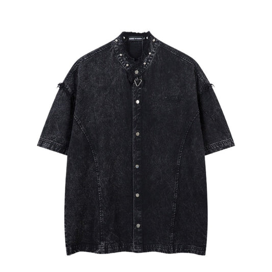 Frayed Rivet Denim Shirt - Thrashink