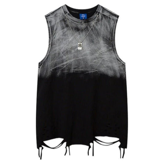 Fringed Hem Gradient Ripped Tank Tops - Thrashink