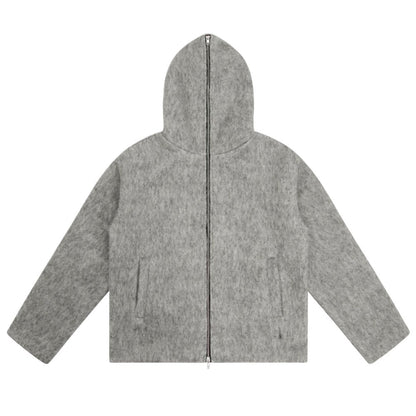 Fully Zip - up Hooded Mohair Short Wide Jacket - Thrashink