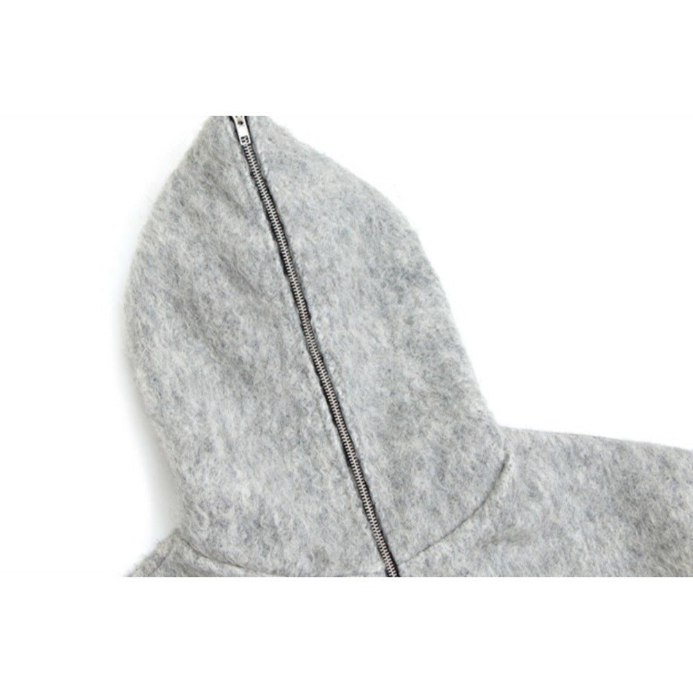 Fully Zip - up Hooded Mohair Short Wide Jacket - Thrashink