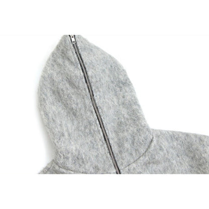 Fully Zip - up Hooded Mohair Short Wide Jacket - Thrashink