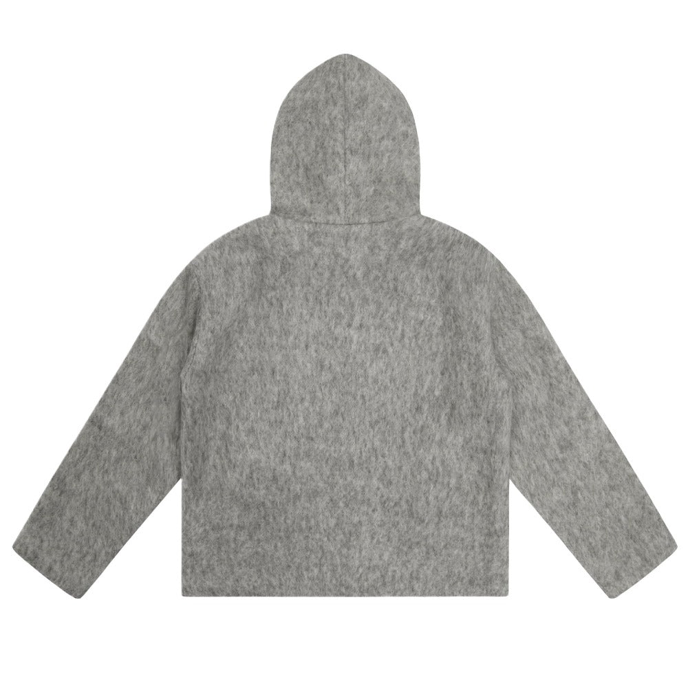 Fully Zip - up Hooded Mohair Short Wide Jacket - Thrashink