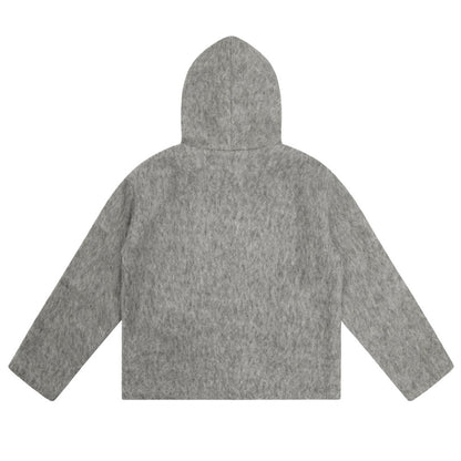 Fully Zip - up Hooded Mohair Short Wide Jacket - Thrashink