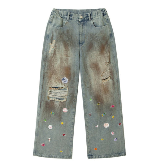 Fun Cartoon Print Ripped Jeans - Thrashink