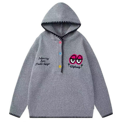 Funky Eye Embroidered Knitted Hoodie - Thrashink