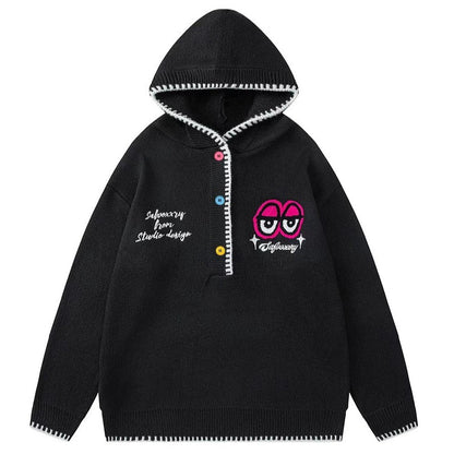 Funky Eye Embroidered Knitted Hoodie - Thrashink