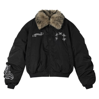 Fur - Collar Butterfly Embroidery Cotton Jacket - Thrashink