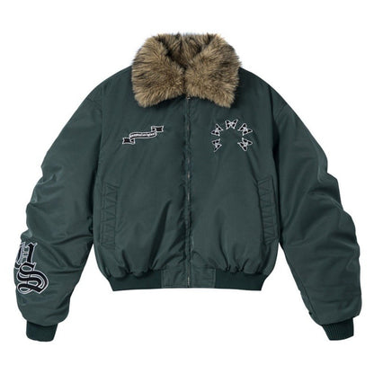 Fur - Collar Butterfly Embroidery Cotton Jacket - Thrashink