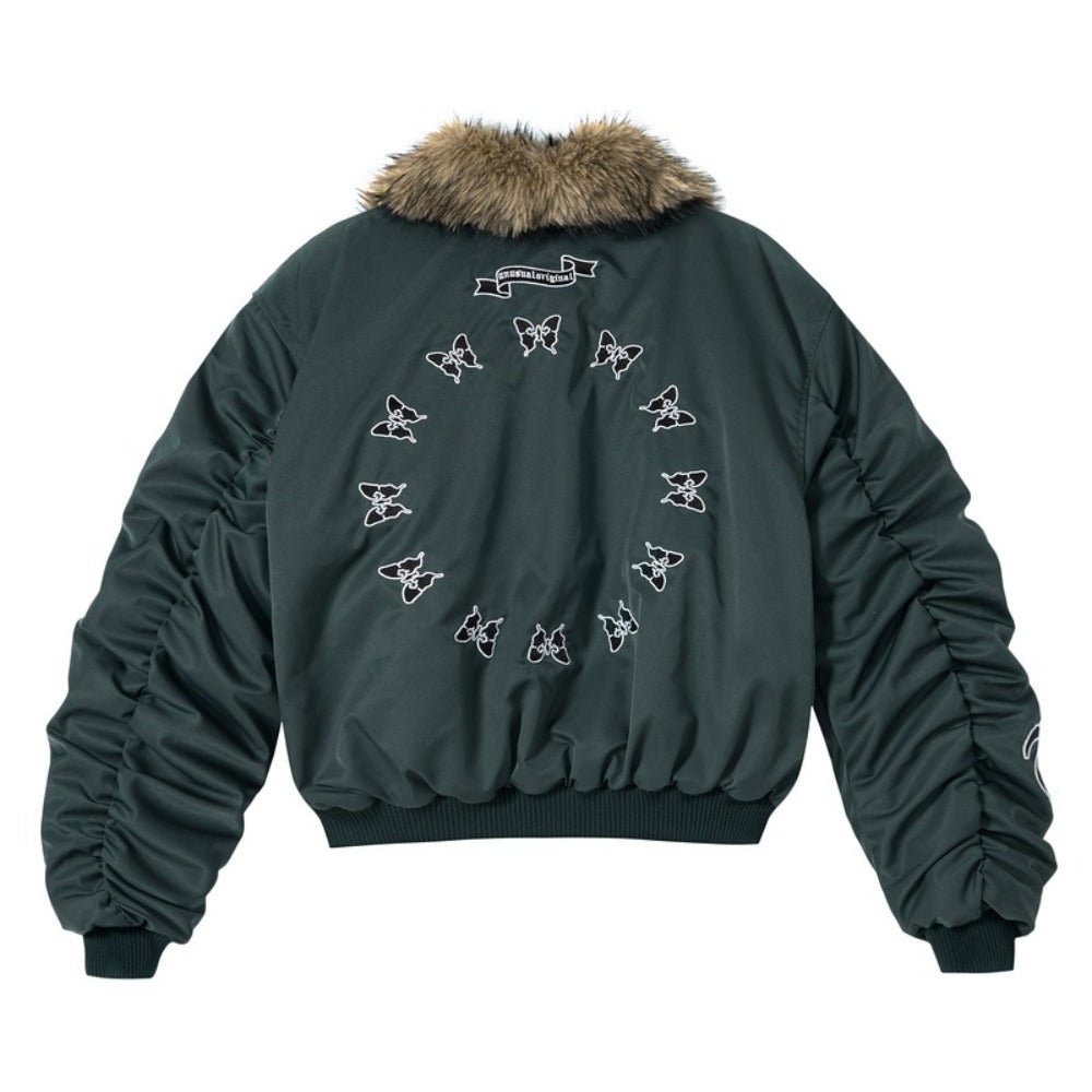 Fur - Collar Butterfly Embroidery Cotton Jacket - Thrashink