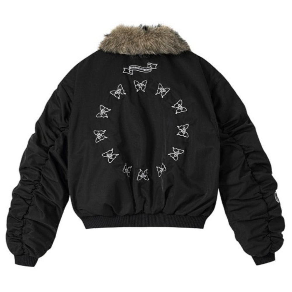 Fur - Collar Butterfly Embroidery Cotton Jacket - Thrashink