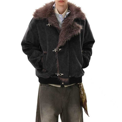 Fur Collar Toggle Shearling Bomber Jacket - Thrashink