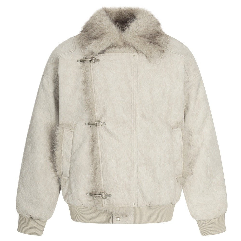 Fur Collar Toggle Shearling Bomber Jacket - Thrashink