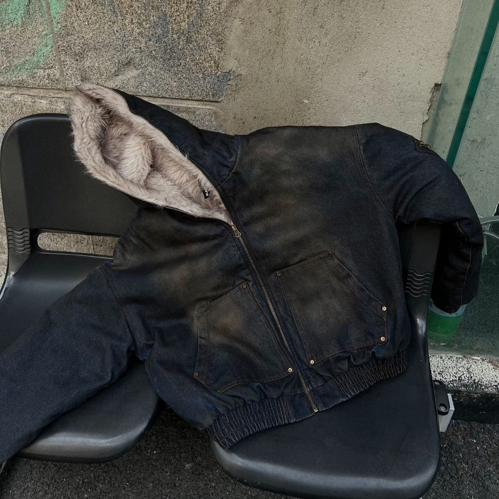 Fur - Lined Quilted Denim Jacket - Thrashink