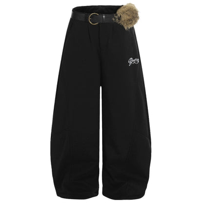 Furry Accent Belted Wide - Leg Sweat Pants - Thrashink