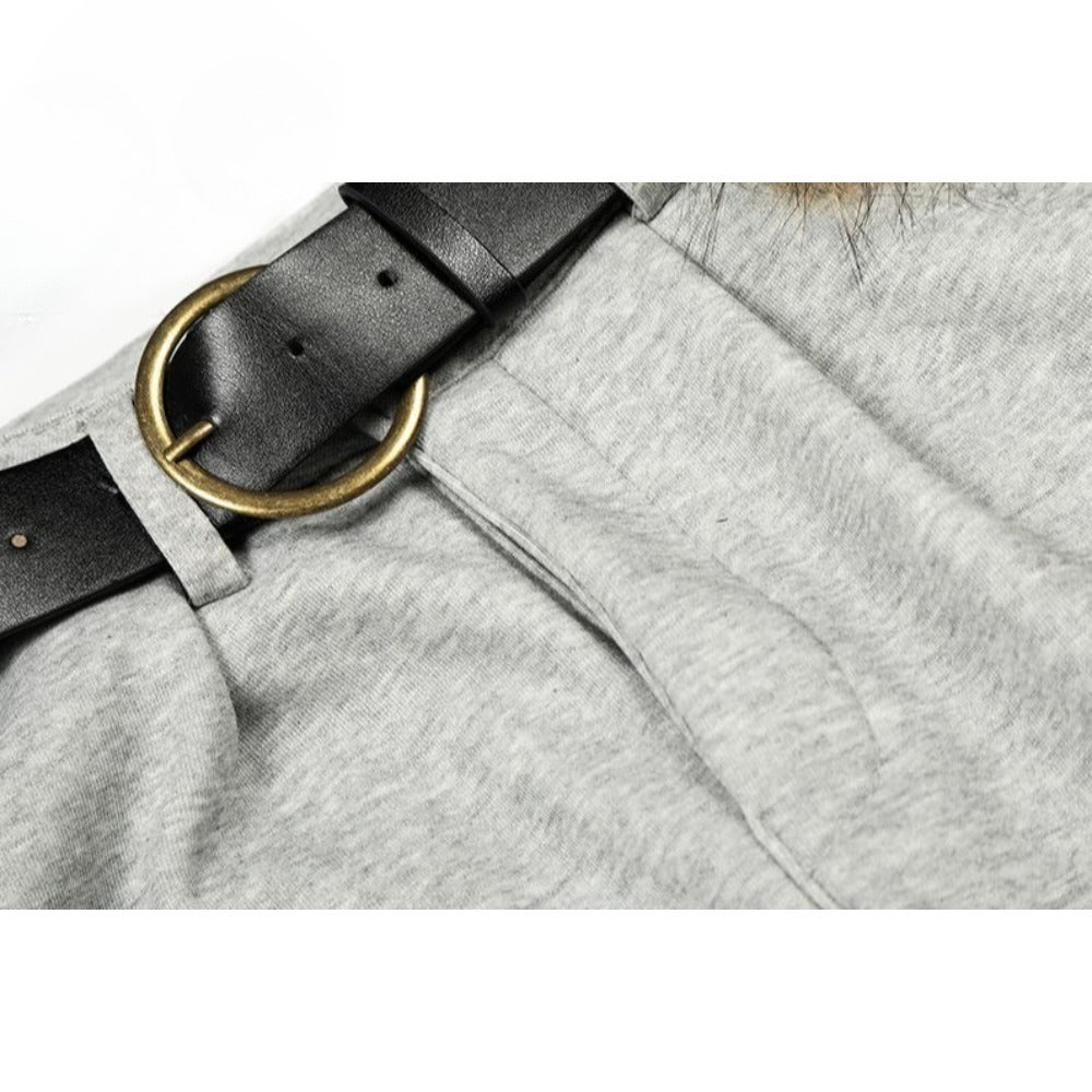 Furry Accent Belted Wide - Leg Sweat Pants - Thrashink