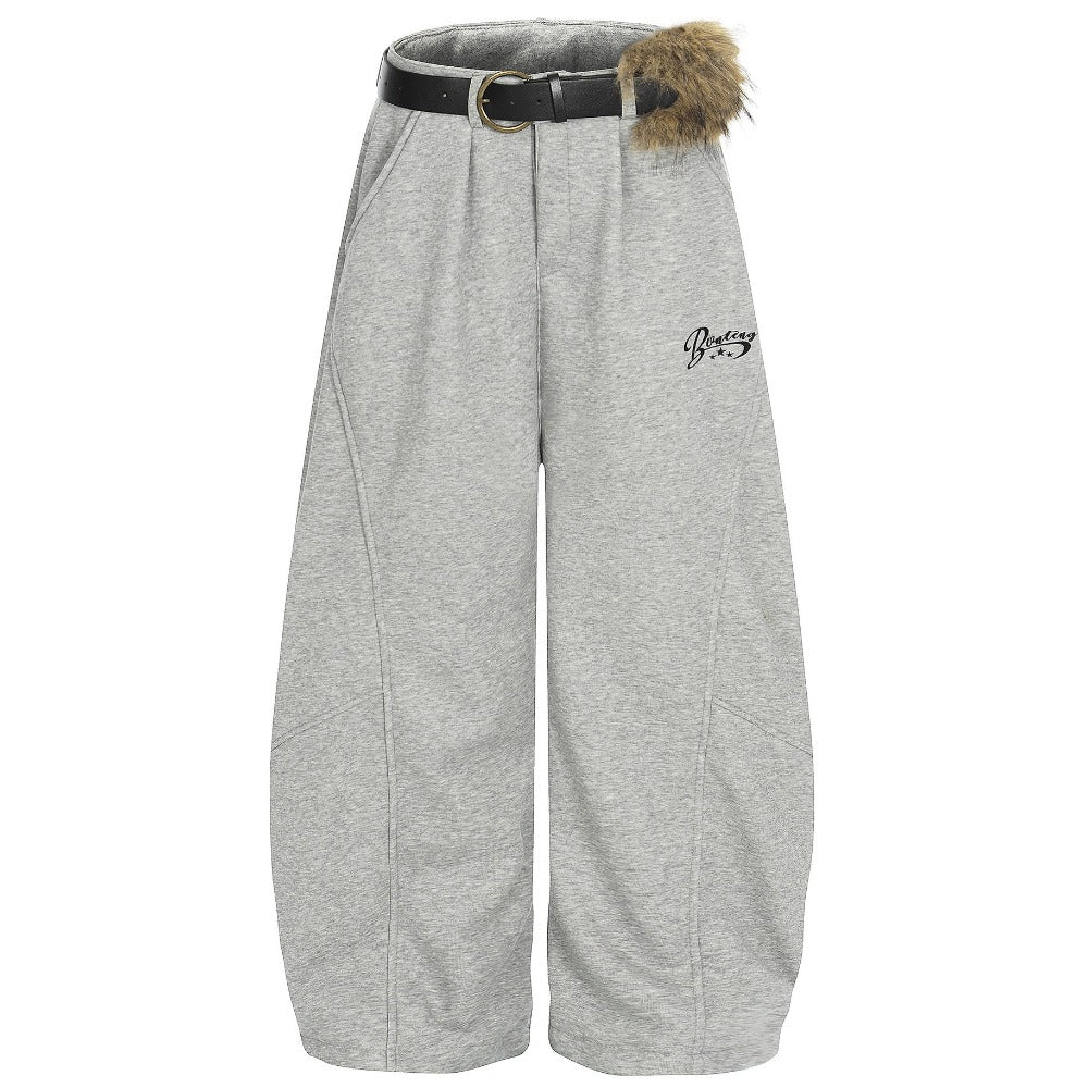Furry Accent Belted Wide - Leg Sweat Pants - Thrashink
