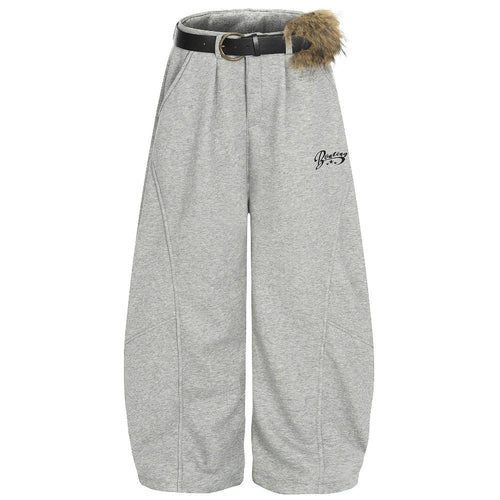 Furry Accent Belted Wide - Leg Sweat Pants - Thrashink