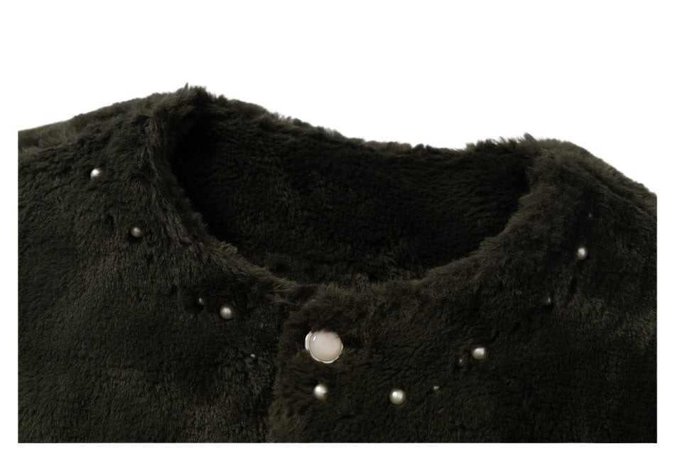 Fuzzy Beaded Comic Patch Collarless Padded Jacket - Thrashink