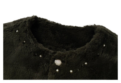 Fuzzy Beaded Comic Patch Collarless Padded Jacket - Thrashink