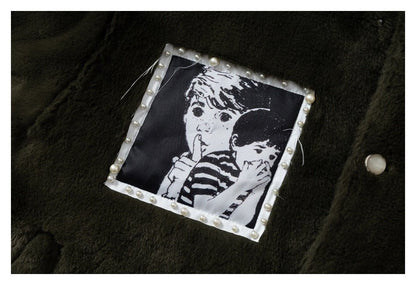 Fuzzy Beaded Comic Patch Collarless Padded Jacket - Thrashink