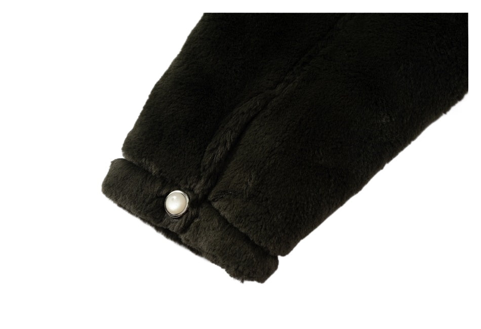 Fuzzy Beaded Comic Patch Collarless Padded Jacket - Thrashink