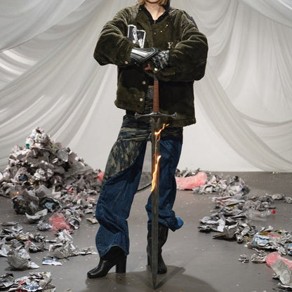 Fuzzy Beaded Comic Patch Collarless Padded Jacket - Thrashink