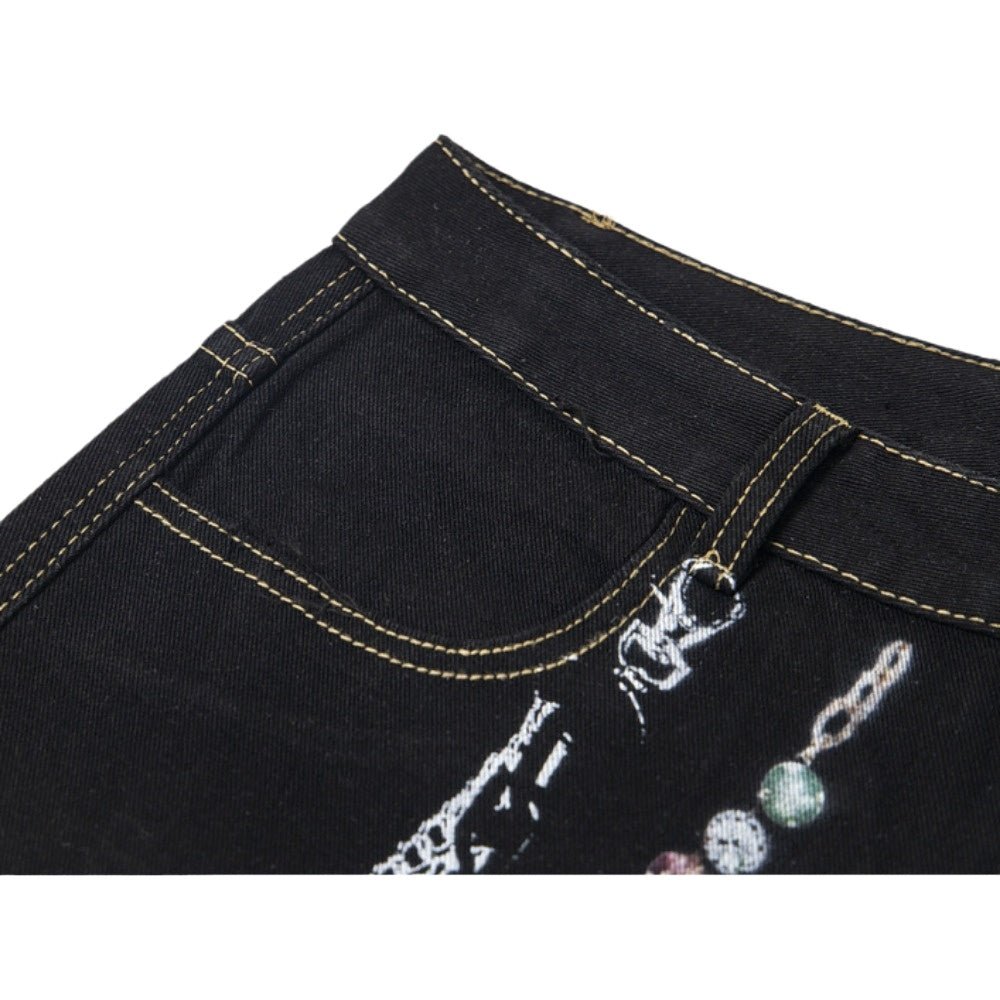 Gem - Pearl Chain & Poker Denim Capri Pants - Thrashink