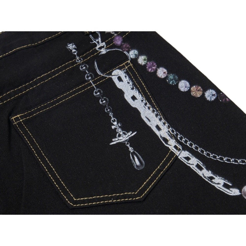 Gem - Pearl Chain & Poker Denim Capri Pants - Thrashink