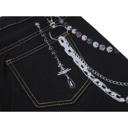 Gem - Pearl Chain & Poker Denim Capri Pants - Thrashink