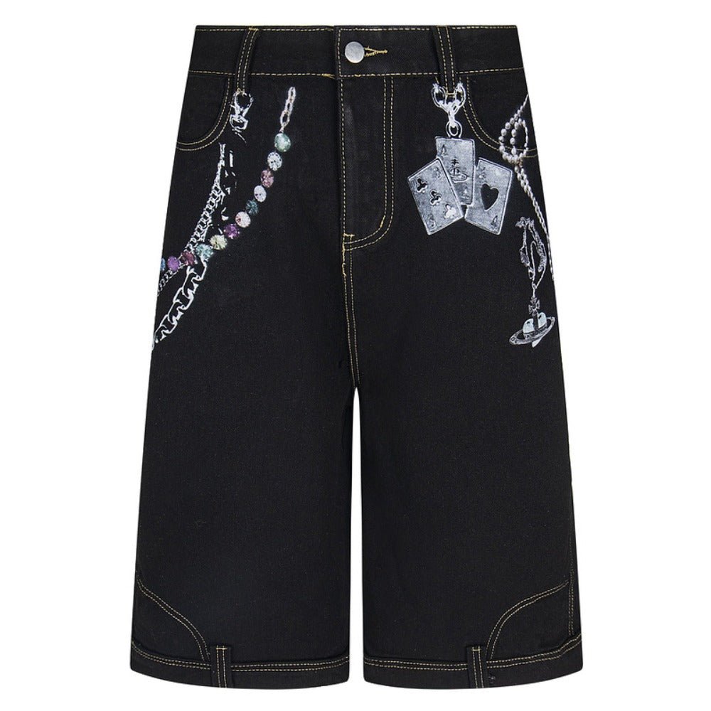 Gem - Pearl Chain & Poker Denim Capri Pants - Thrashink