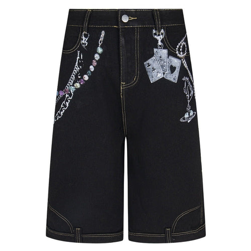 Gem - Pearl Chain & Poker Denim Capri Pants - Thrashink