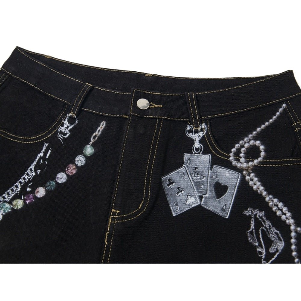 Gem - Pearl Chain & Poker Denim Capri Pants - Thrashink