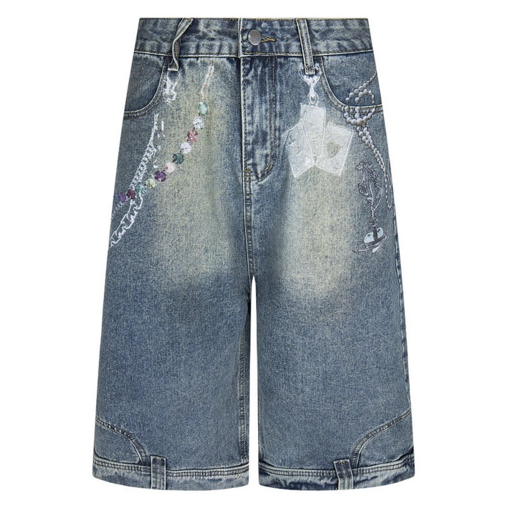 Gem - Pearl Chain & Poker Denim Capri Pants - Thrashink