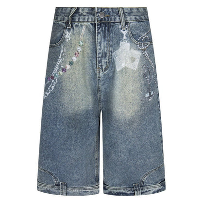 Gem - Pearl Chain & Poker Denim Capri Pants - Thrashink