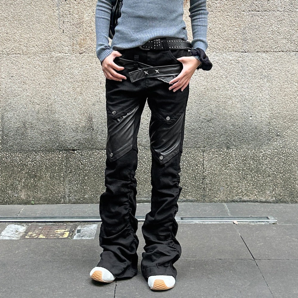 Goth Punk Faux Leather Patchwork Flared Pants - Thrashink