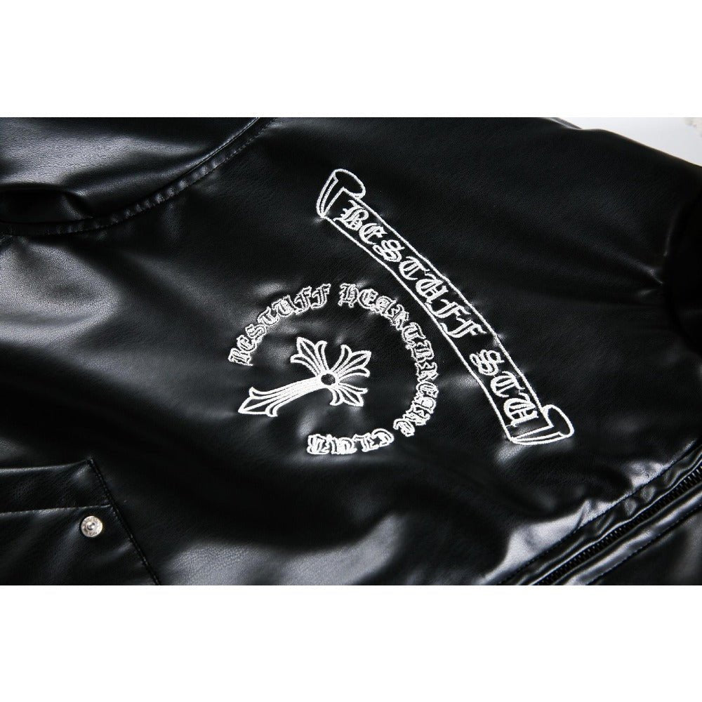 Gothic Cross - embroidered Leather Padded Jacket - Thrashink