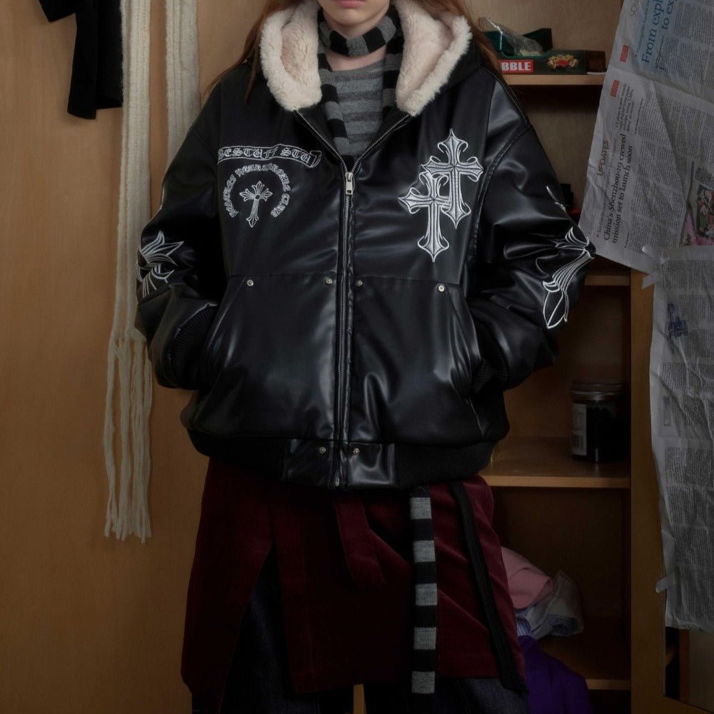 Gothic Cross - embroidered Leather Padded Jacket - Thrashink