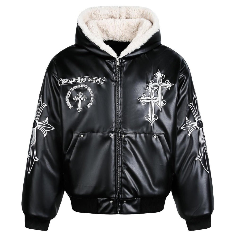 Gothic Cross - embroidered Leather Padded Jacket - Thrashink