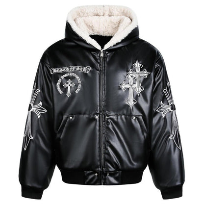 Gothic Cross - embroidered Leather Padded Jacket - Thrashink