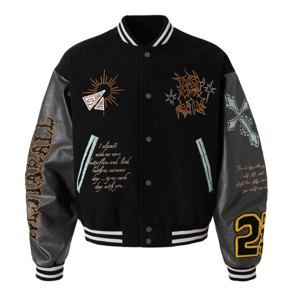 Gothic Embroidered Patchwork Varsity Jacket - Thrashink